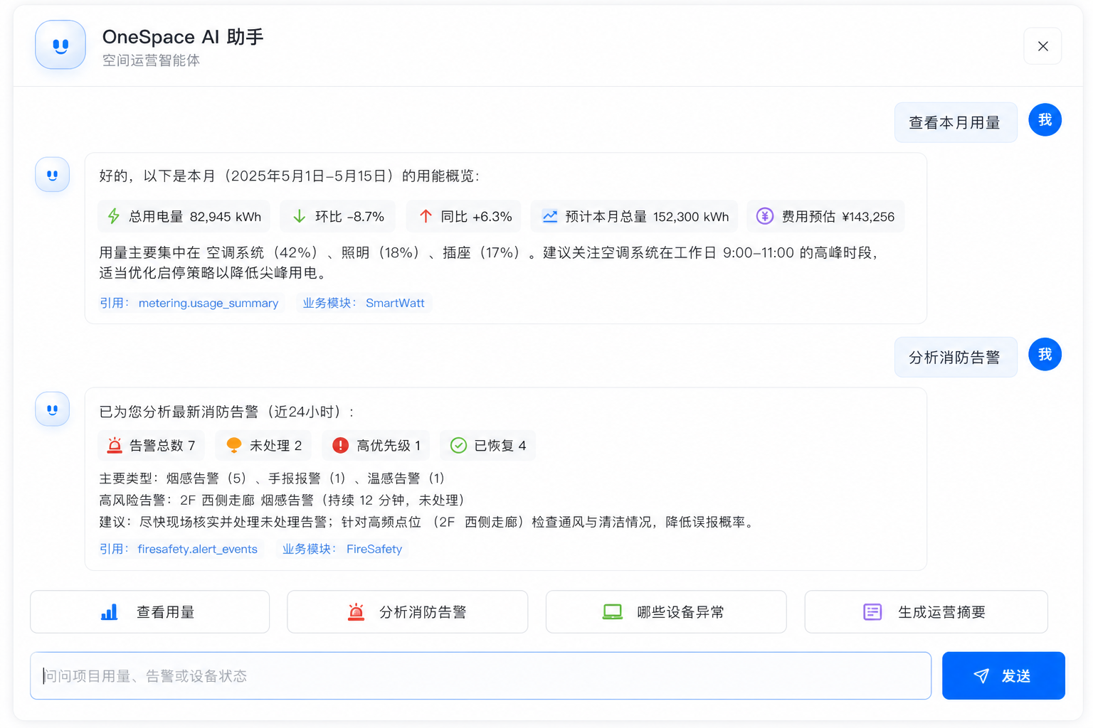 OneSpace AI 助手产品界面：用量查询、消防告警分析、设备异常和运营摘要
